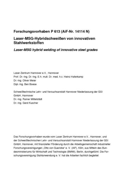 Fostabericht P 613 - Laser-MSG-Hybridschweißen von innovativen Stahlwerkstoffen