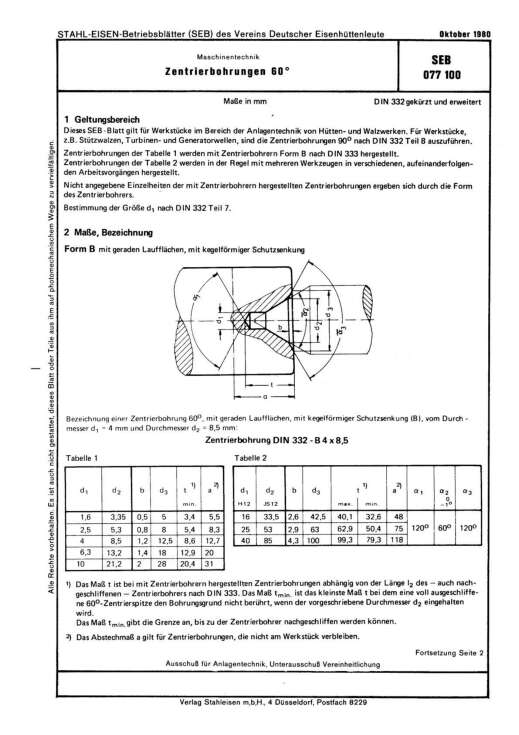 Stahl-Eisen-Betriebsblatt (SEB) 077 100 - Zentrierbohrungen 60°