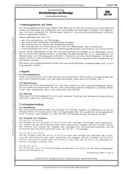 Stahl-Eisen-Betriebsblatt (SEB) 104 110 - Beschichtungen und Überzüge - Leistungsbeschreibung