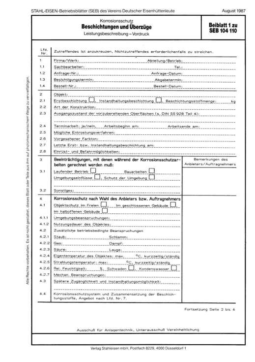 Stahl-Eisen-Betriebsblatt (SEB) 104 110 - Beschichtungen und Überzüge - Leistungsbeschreibung-Vordruck (Beiblatt 1)