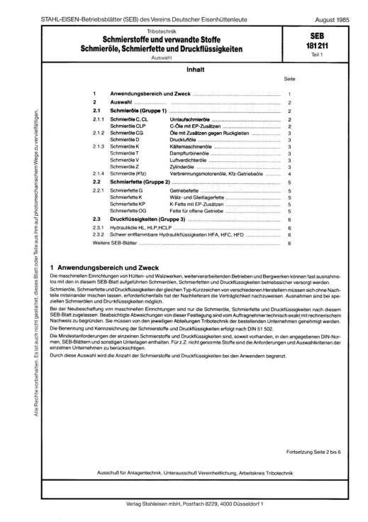 Stahl-Eisen-Betriebsblatt (SEB) 181 211 - Schmierstoffe und verwandte Stoffe - Schmieröle, Schmierfette und Druckflüssigkeiten (Teil 1)