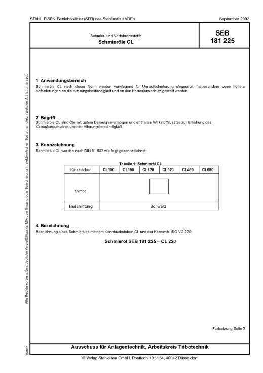 Stahl-Eisen-Betriebsblatt (SEB) 181 225 - Schmierstoffe und Verfahrensstoffe - Schmieröle CL