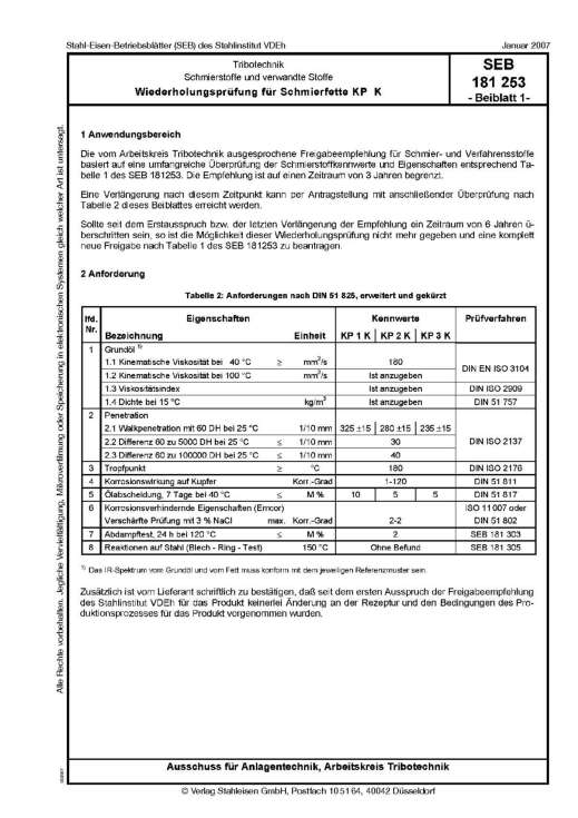 Stahl-Eisen-Betriebsblatt (SEB) 181 253 - Schmierstoffe und verwandte Stoffe - Wiederholungsprüfung für Schmierfette KP K