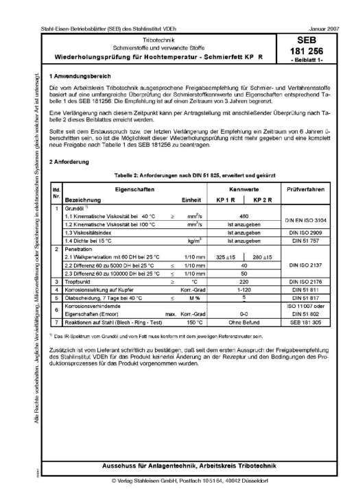 Stahl-Eisen-Betriebsblatt (SEB) 181 256 - Schmierstoffe und verwandte Stoffe - Wiederholungsprüfung für Hochtemperatur - Schmierfett KP R