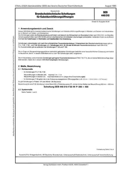 Stahl-Eisen-Betriebsblatt (SEB) 446 010 - Brandschutztechnische Schottungen für Kabeldurchführungsöffnungen