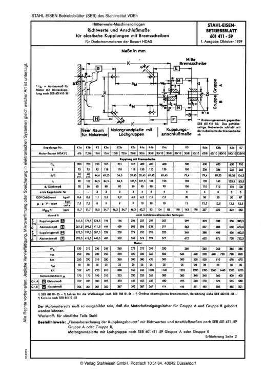 Stahl-Eisen-Betriebsblatt (SEB) 601 411 - Richtwerte und Anschlussmaße für elastische Kupplungen mit Bremsscheiben für Drehstrommototren der Bauart HDAS (1959)