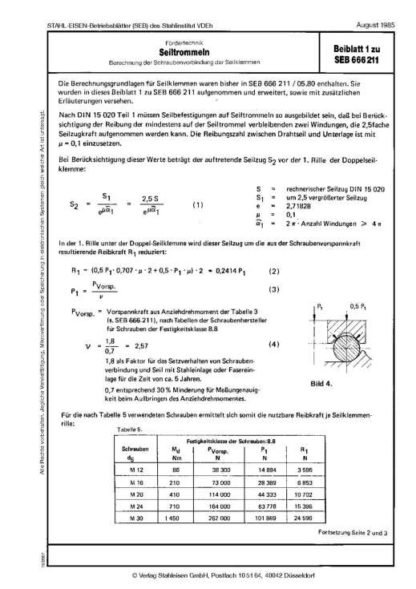 Stahl-Eisen-Betriebsblatt (SEB) 666 211 - Seiltrommeln - Berechnung der Schraubenverbindunge der Seilklemmen (Beiblatt 1)