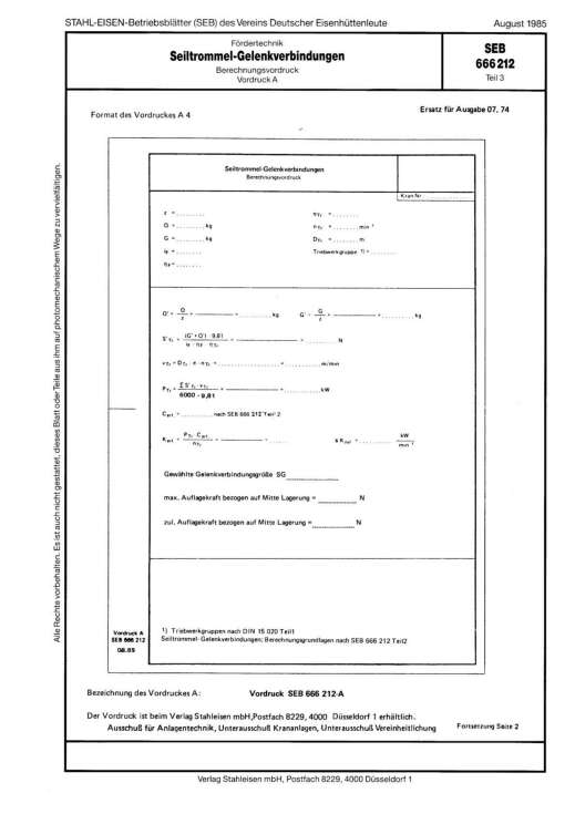 Stahl-Eisen-Betriebsblatt (SEB) 666 212 - Seiltrommel-Gelenkverbindungen - Berechnungsvordruck - Vordruck A (Teil 3)