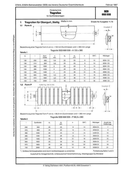 Stahl-Eisen-Prüfblatt (SEB) 668 008 - Tragrollen für Gurtförderanlagen