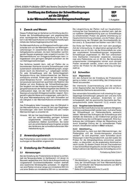 Stahl-Eisen-Prüfblatt (SEP) 1201 - Ermittlung des Einflusses der Schweißbedingungen auf die Zähigkeit in der Wärmeeinflusszone von Einlagenschweißungen