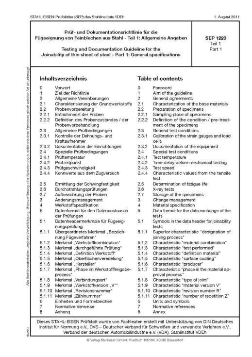 Stahl-Eisen-Prüfblatt (SEP) 1220 - Prüf- und Dokumentationsrichtlinie für die Fügeeignung von Feinblechen aus STahl Teile 1-4