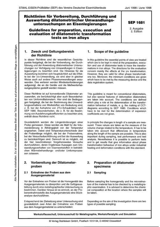 Stahl-Eisen-Prüfblatt (SEP) 1681 - Richtlinien für Vorbereitung, Durchführung und Auswertung dilatometrischer Umwandlungsuntersuchungen an Eisenlegierungen