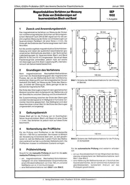 Stahl-Eisen-Prüfblatt (SEP) 1932 - Magnetinduktives Verfahren zur Messung der Dicke von Zinküberzügen auf feuerverzinktem Blech und Band