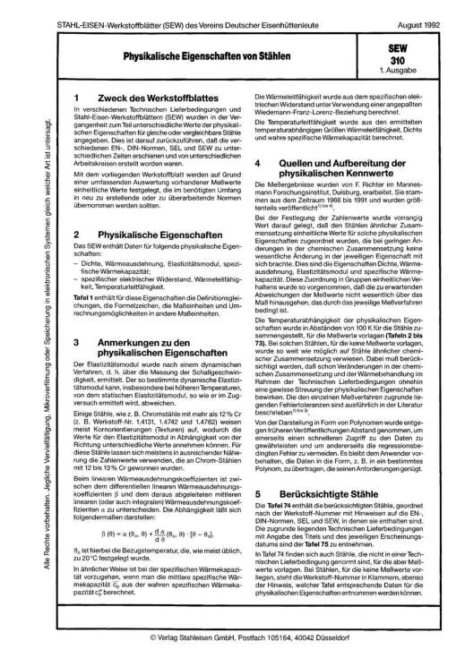 Stahl-Eisen-Werkstoffblatt (SEW) 310 - Physikalische Eigenschaften von Stähle